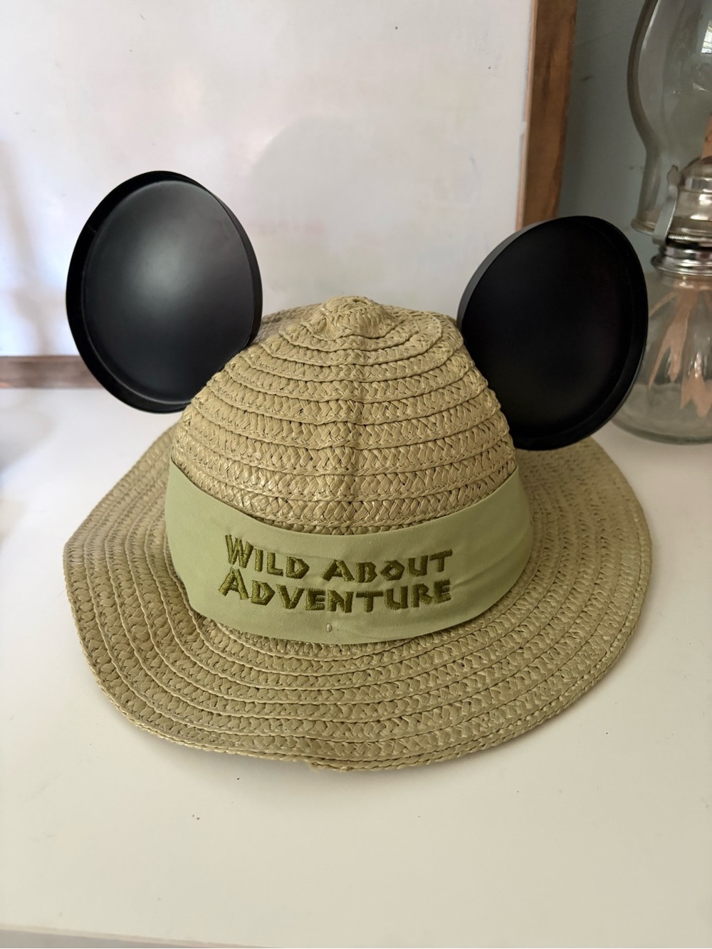 Disney Kids Straw Adventure Hat with Black Mickey Ears - Khaki/Green